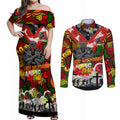 Personalised Panthers ANZAC Day Couples Matching Off Shoulder Maxi Dress and Long Sleeve Button Shirt Aboriginal Rising Sun