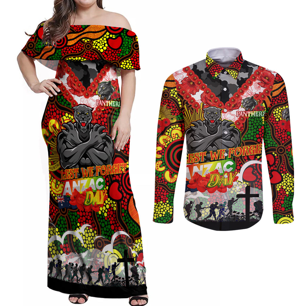 Personalised Panthers ANZAC Day Couples Matching Off Shoulder Maxi Dress and Long Sleeve Button Shirt Aboriginal Rising Sun