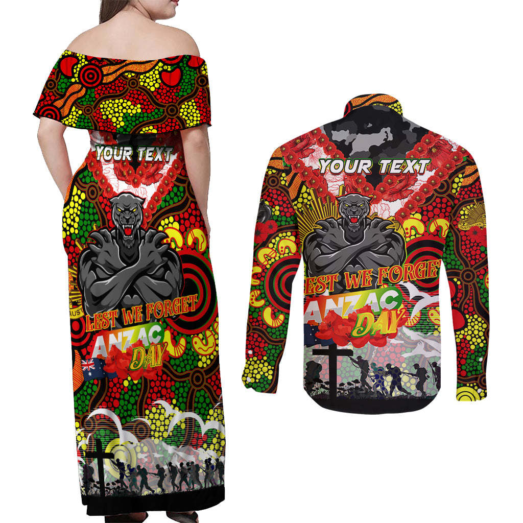 Personalised Panthers ANZAC Day Couples Matching Off Shoulder Maxi Dress and Long Sleeve Button Shirt Aboriginal Rising Sun