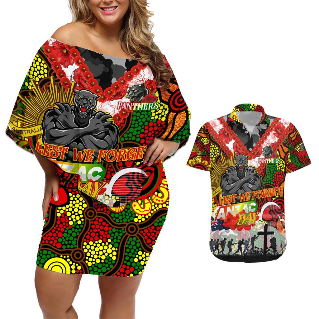 Personalised Panthers ANZAC Day Couples Matching Off Shoulder Short Dress and Hawaiian Shirt Aboriginal Rising Sun