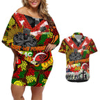 Personalised Panthers ANZAC Day Couples Matching Off Shoulder Short Dress and Hawaiian Shirt Aboriginal Rising Sun