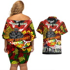 Personalised Panthers ANZAC Day Couples Matching Off Shoulder Short Dress and Hawaiian Shirt Aboriginal Rising Sun
