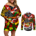 Personalised Panthers ANZAC Day Couples Matching Off Shoulder Short Dress and Long Sleeve Button Shirt Aboriginal Rising Sun