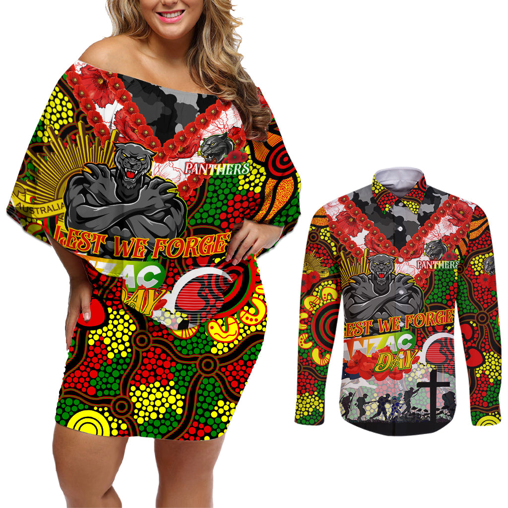 Personalised Panthers ANZAC Day Couples Matching Off Shoulder Short Dress and Long Sleeve Button Shirt Aboriginal Rising Sun