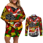 Personalised Panthers ANZAC Day Couples Matching Off Shoulder Short Dress and Long Sleeve Button Shirt Aboriginal Rising Sun