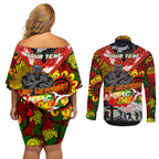 Personalised Panthers ANZAC Day Couples Matching Off Shoulder Short Dress and Long Sleeve Button Shirt Aboriginal Rising Sun