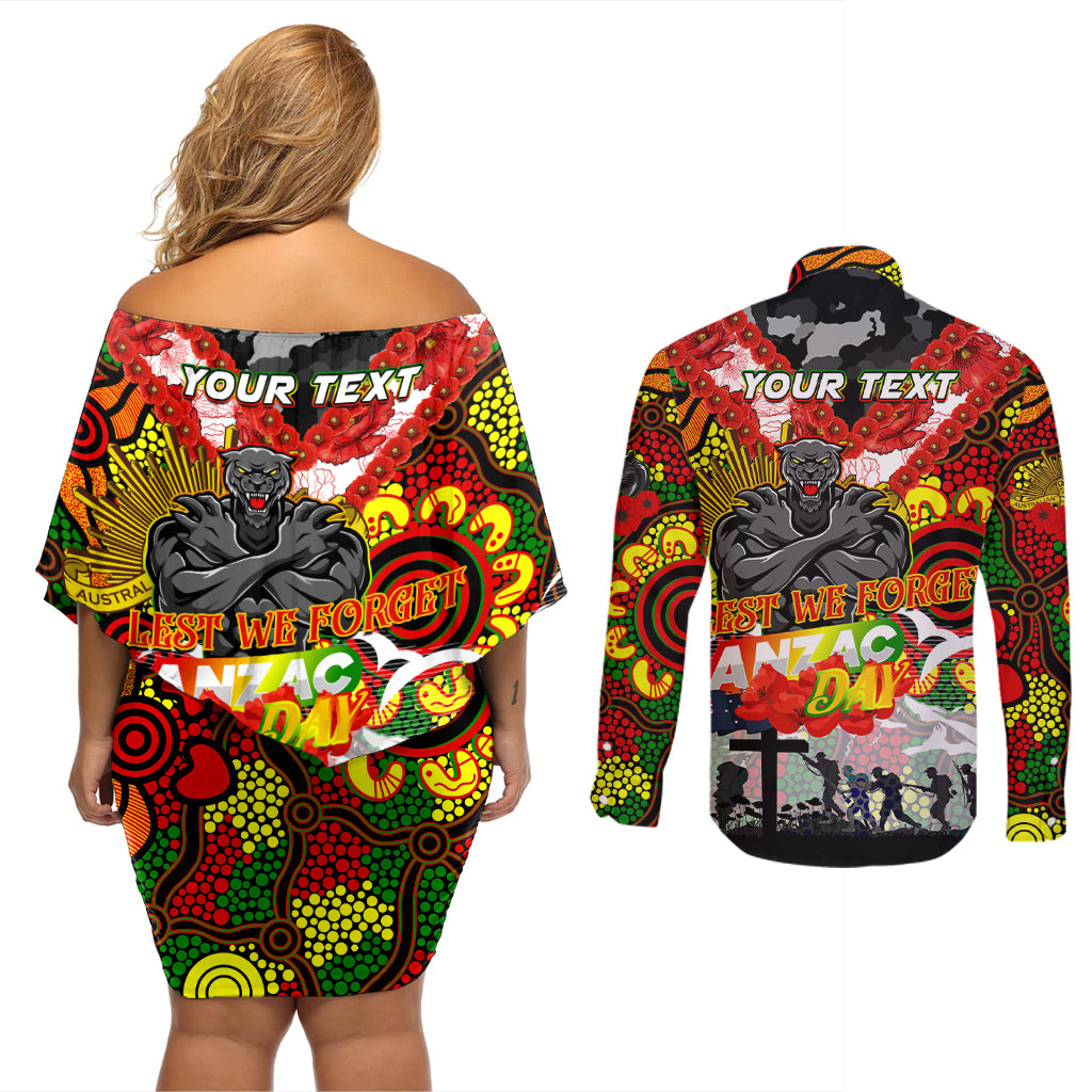 Personalised Panthers ANZAC Day Couples Matching Off Shoulder Short Dress and Long Sleeve Button Shirt Aboriginal Rising Sun