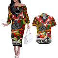 Personalised Panthers ANZAC Day Couples Matching Off The Shoulder Long Sleeve Dress and Hawaiian Shirt Aboriginal Rising Sun