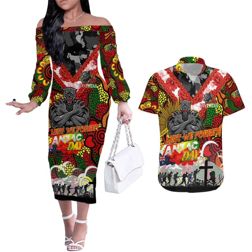 Personalised Panthers ANZAC Day Couples Matching Off The Shoulder Long Sleeve Dress and Hawaiian Shirt Aboriginal Rising Sun
