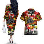 Personalised Panthers ANZAC Day Couples Matching Off The Shoulder Long Sleeve Dress and Hawaiian Shirt Aboriginal Rising Sun