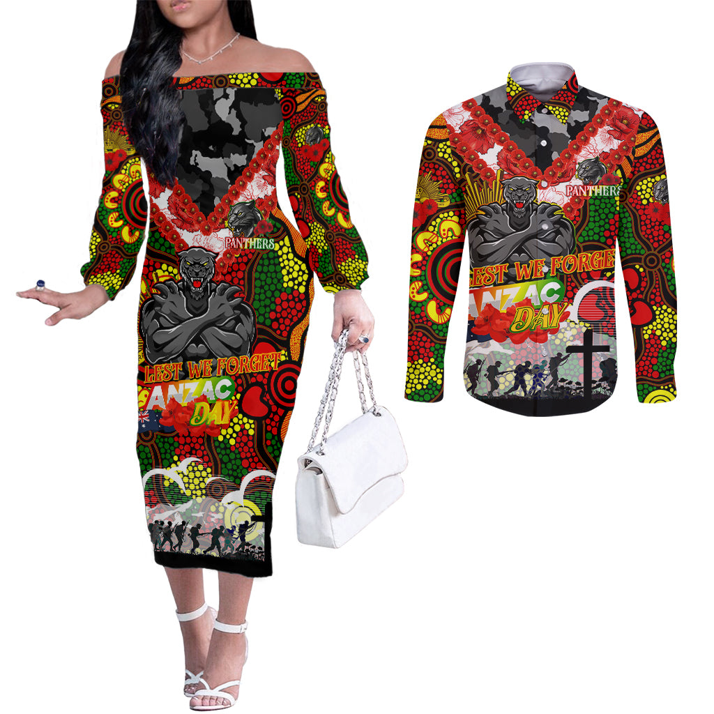 Personalised Panthers ANZAC Day Couples Matching Off The Shoulder Long Sleeve Dress and Long Sleeve Button Shirt Aboriginal Rising Sun