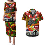 Personalised Panthers ANZAC Day Couples Matching Puletasi and Hawaiian Shirt Aboriginal Rising Sun