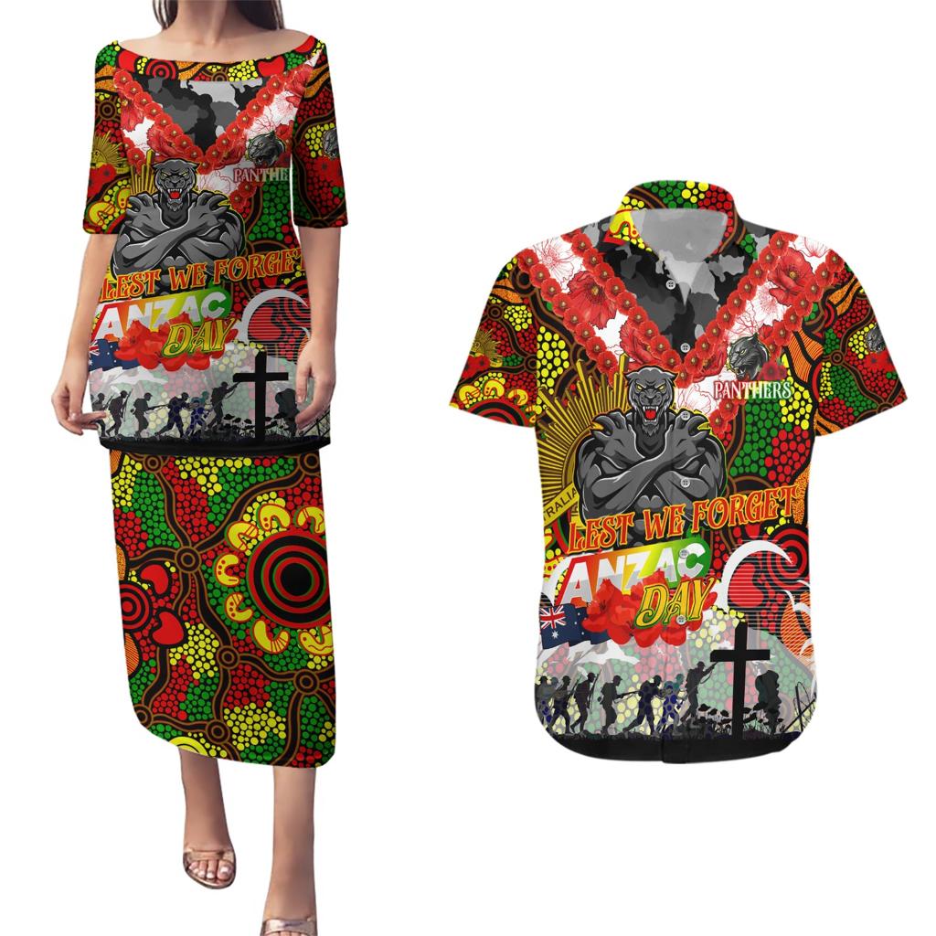 Personalised Panthers ANZAC Day Couples Matching Puletasi and Hawaiian Shirt Aboriginal Rising Sun