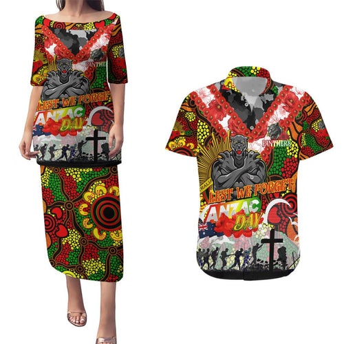 Personalised Panthers ANZAC Day Couples Matching Puletasi and Hawaiian Shirt Aboriginal Rising Sun