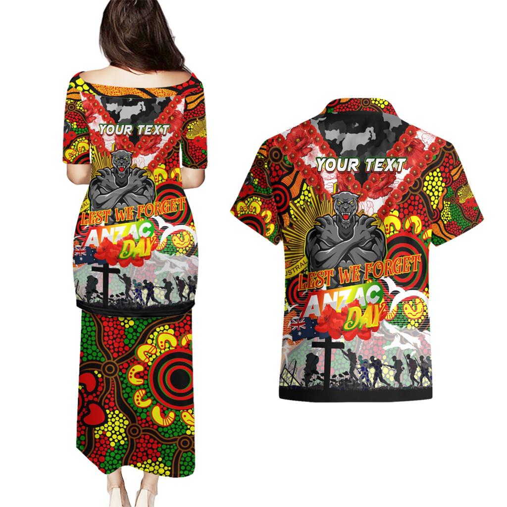 Personalised Panthers ANZAC Day Couples Matching Puletasi and Hawaiian Shirt Aboriginal Rising Sun