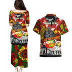 Personalised Panthers ANZAC Day Couples Matching Puletasi and Hawaiian Shirt Aboriginal Rising Sun