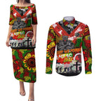 Personalised Panthers ANZAC Day Couples Matching Puletasi and Long Sleeve Button Shirt Aboriginal Rising Sun