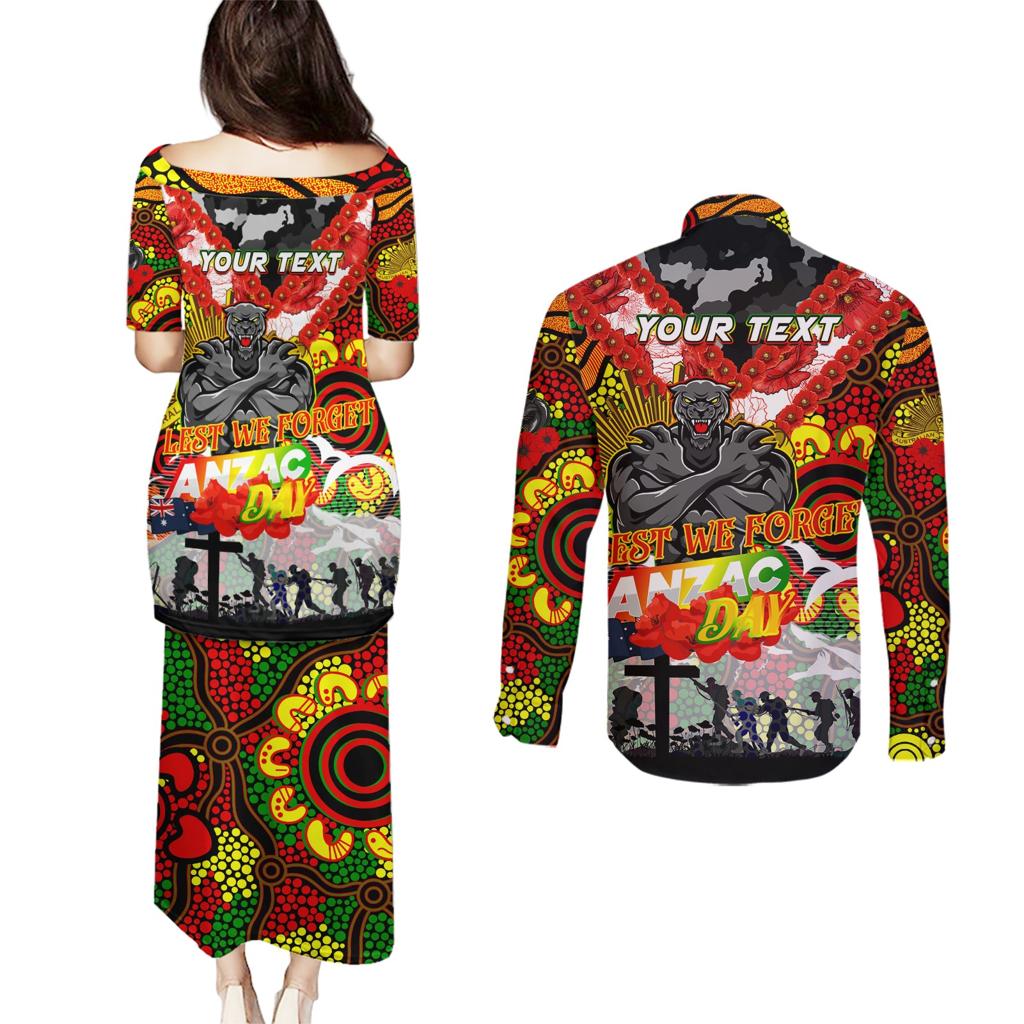 Personalised Panthers ANZAC Day Couples Matching Puletasi and Long Sleeve Button Shirt Aboriginal Rising Sun