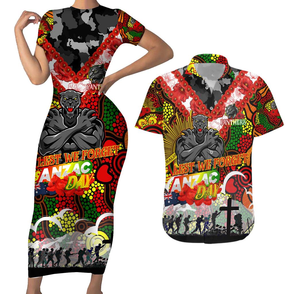 Personalised Panthers ANZAC Day Couples Matching Short Sleeve Bodycon Dress and Hawaiian Shirt Aboriginal Rising Sun