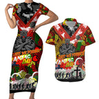 Personalised Panthers ANZAC Day Couples Matching Short Sleeve Bodycon Dress and Hawaiian Shirt Aboriginal Rising Sun