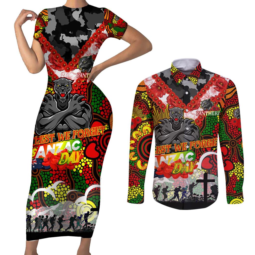 Personalised Panthers ANZAC Day Couples Matching Short Sleeve Bodycon Dress and Long Sleeve Button Shirt Aboriginal Rising Sun