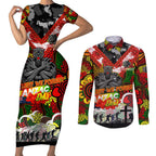 Personalised Panthers ANZAC Day Couples Matching Short Sleeve Bodycon Dress and Long Sleeve Button Shirt Aboriginal Rising Sun