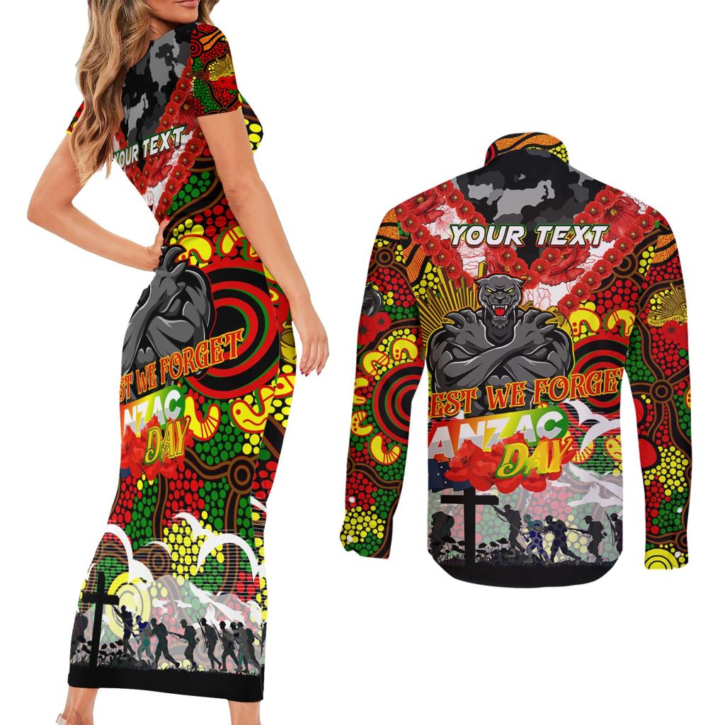 Personalised Panthers ANZAC Day Couples Matching Short Sleeve Bodycon Dress and Long Sleeve Button Shirt Aboriginal Rising Sun
