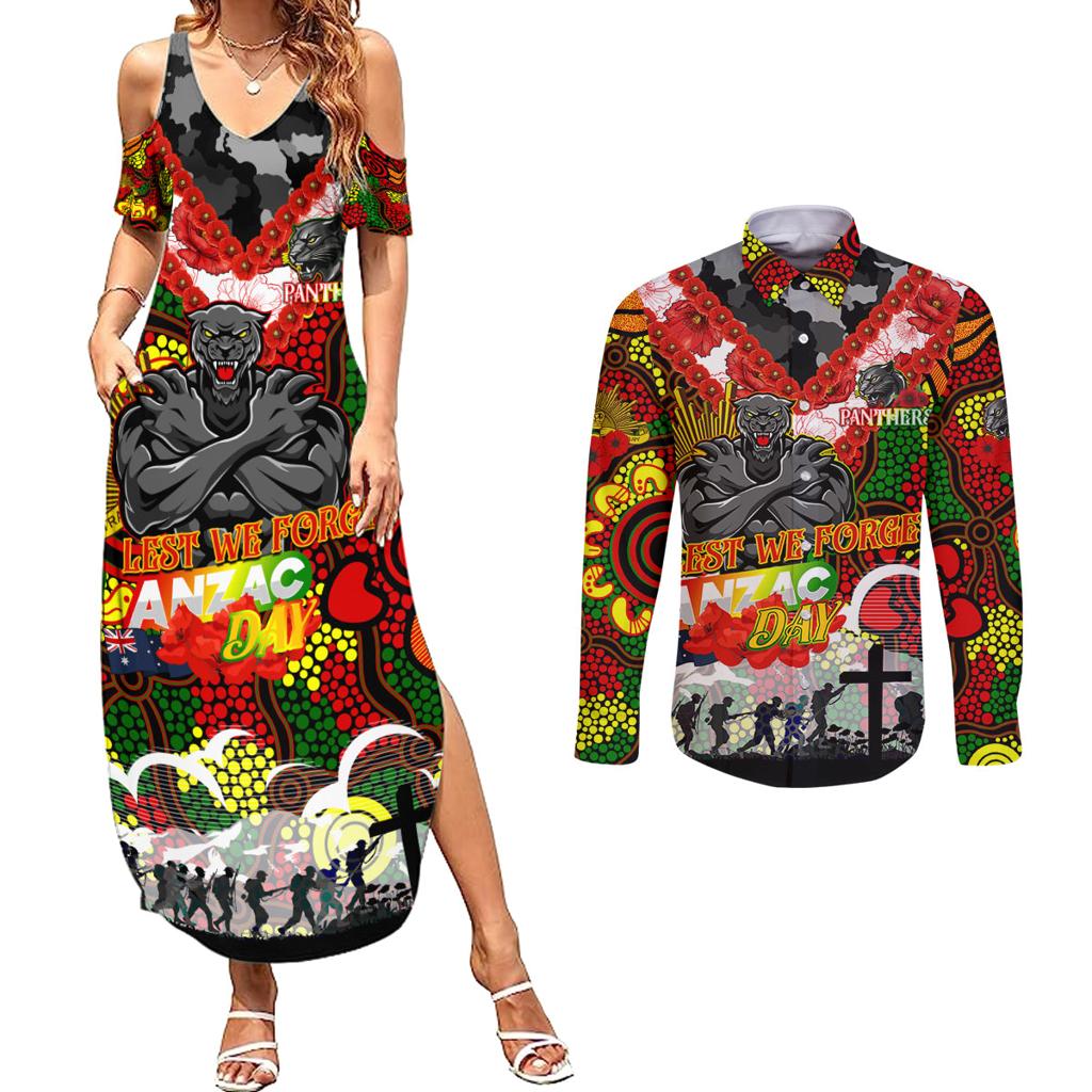 Personalised Panthers ANZAC Day Couples Matching Summer Maxi Dress and Long Sleeve Button Shirt Aboriginal Rising Sun