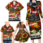 Personalised Panthers ANZAC Day Family Matching Long Sleeve Bodycon Dress and Hawaiian Shirt Aboriginal Rising Sun