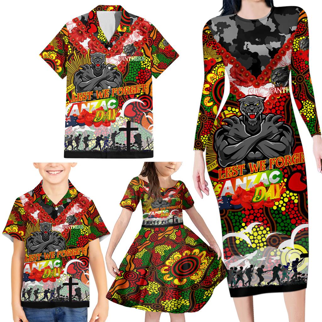 Personalised Panthers ANZAC Day Family Matching Long Sleeve Bodycon Dress and Hawaiian Shirt Aboriginal Rising Sun