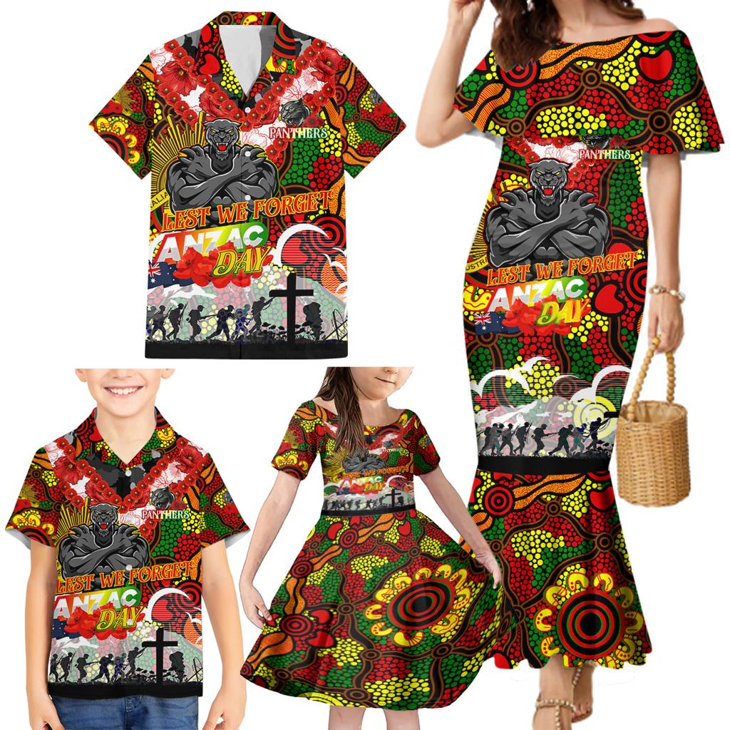 Personalised Panthers ANZAC Day Family Matching Mermaid Dress and Hawaiian Shirt Aboriginal Rising Sun
