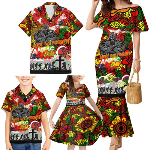 Personalised Panthers ANZAC Day Family Matching Mermaid Dress and Hawaiian Shirt Aboriginal Rising Sun