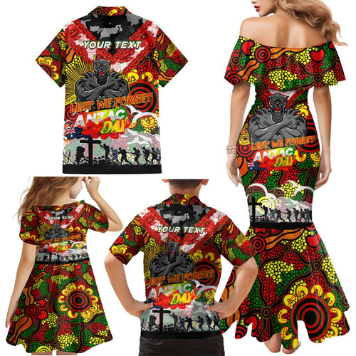 Personalised Panthers ANZAC Day Family Matching Mermaid Dress and Hawaiian Shirt Aboriginal Rising Sun