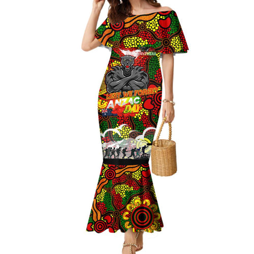 Personalised Panthers ANZAC Day Family Matching Mermaid Dress and Hawaiian Shirt Aboriginal Rising Sun