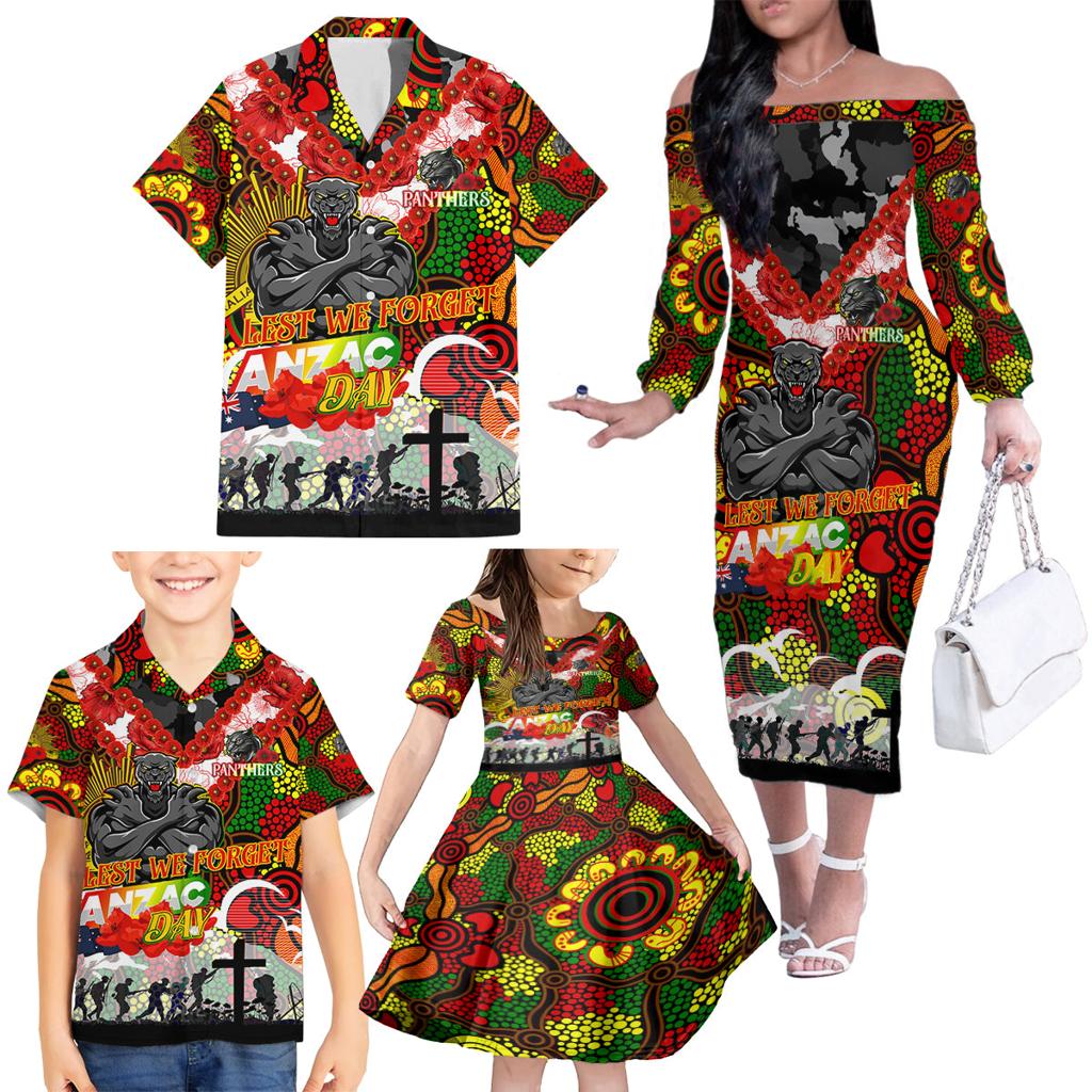 Personalised Panthers ANZAC Day Family Matching Off The Shoulder Long Sleeve Dress and Hawaiian Shirt Aboriginal Rising Sun