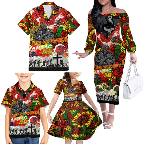 Personalised Panthers ANZAC Day Family Matching Off The Shoulder Long Sleeve Dress and Hawaiian Shirt Aboriginal Rising Sun