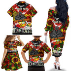 Personalised Panthers ANZAC Day Family Matching Off The Shoulder Long Sleeve Dress and Hawaiian Shirt Aboriginal Rising Sun
