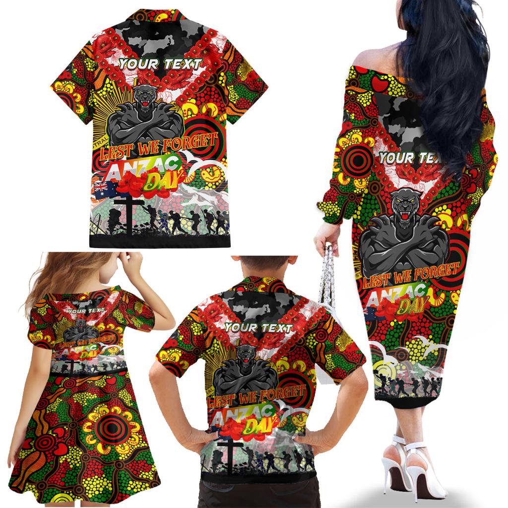 Personalised Panthers ANZAC Day Family Matching Off The Shoulder Long Sleeve Dress and Hawaiian Shirt Aboriginal Rising Sun