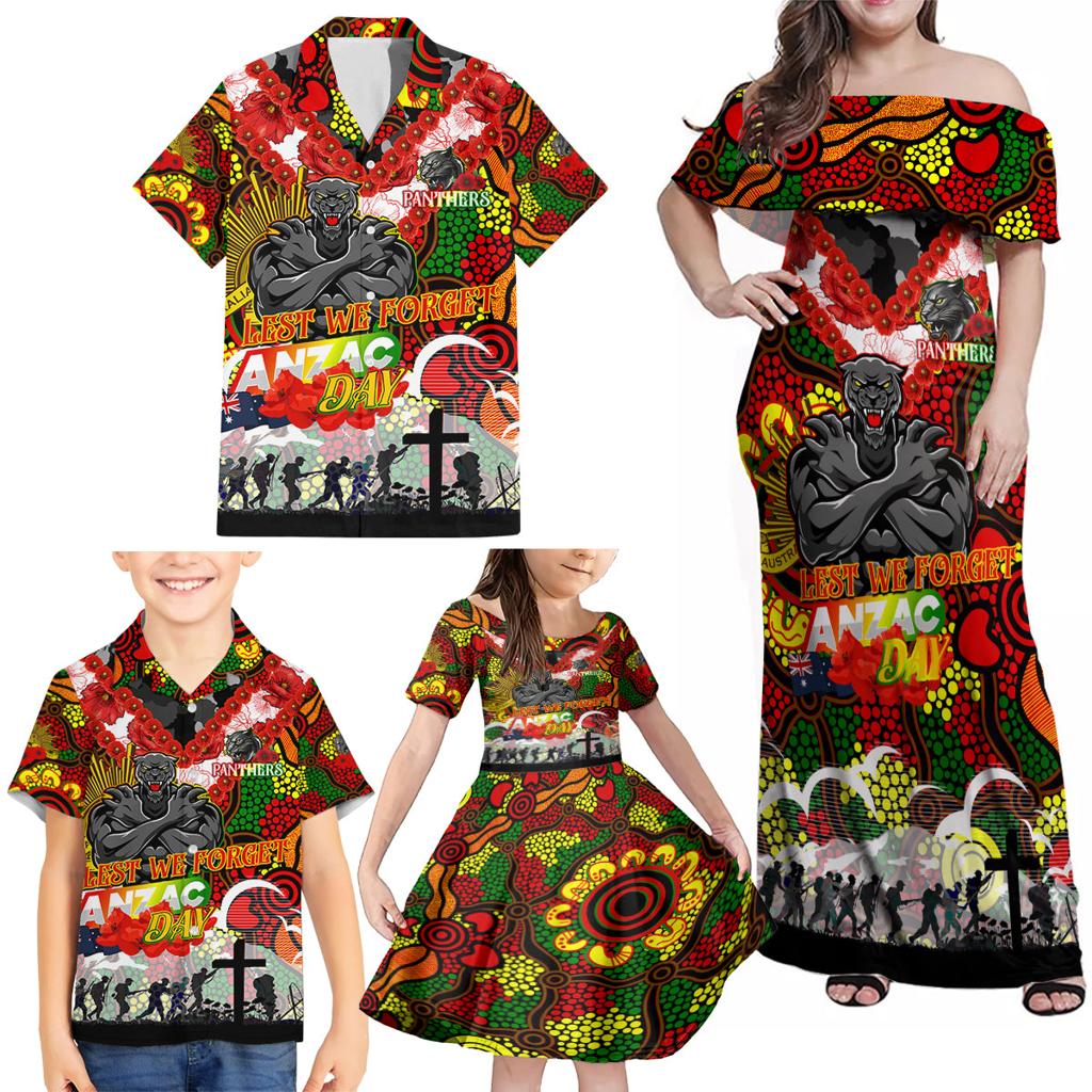 Personalised Panthers ANZAC Day Family Matching Off Shoulder Maxi Dress and Hawaiian Shirt Aboriginal Rising Sun