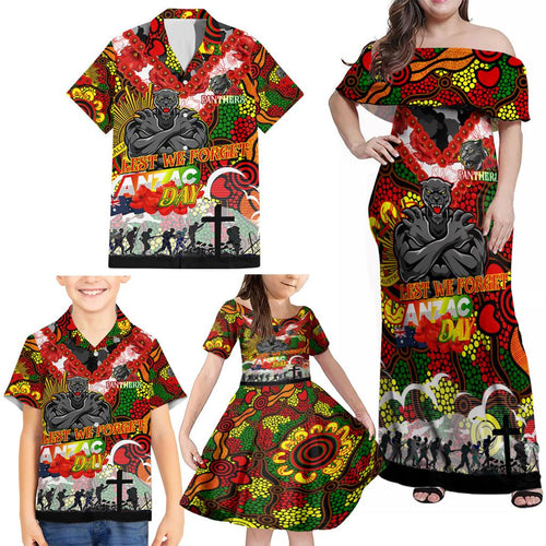 Personalised Panthers ANZAC Day Family Matching Off Shoulder Maxi Dress and Hawaiian Shirt Aboriginal Rising Sun