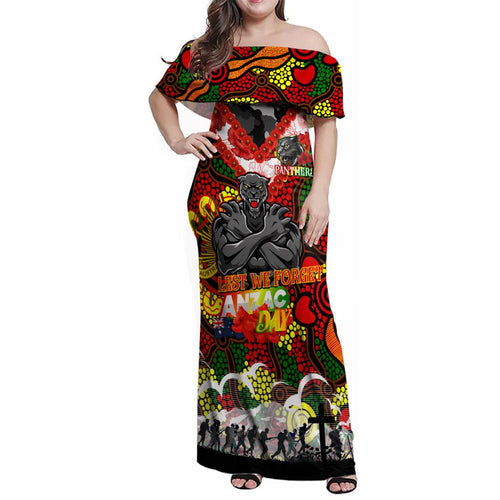 Personalised Panthers ANZAC Day Family Matching Off Shoulder Maxi Dress and Hawaiian Shirt Aboriginal Rising Sun