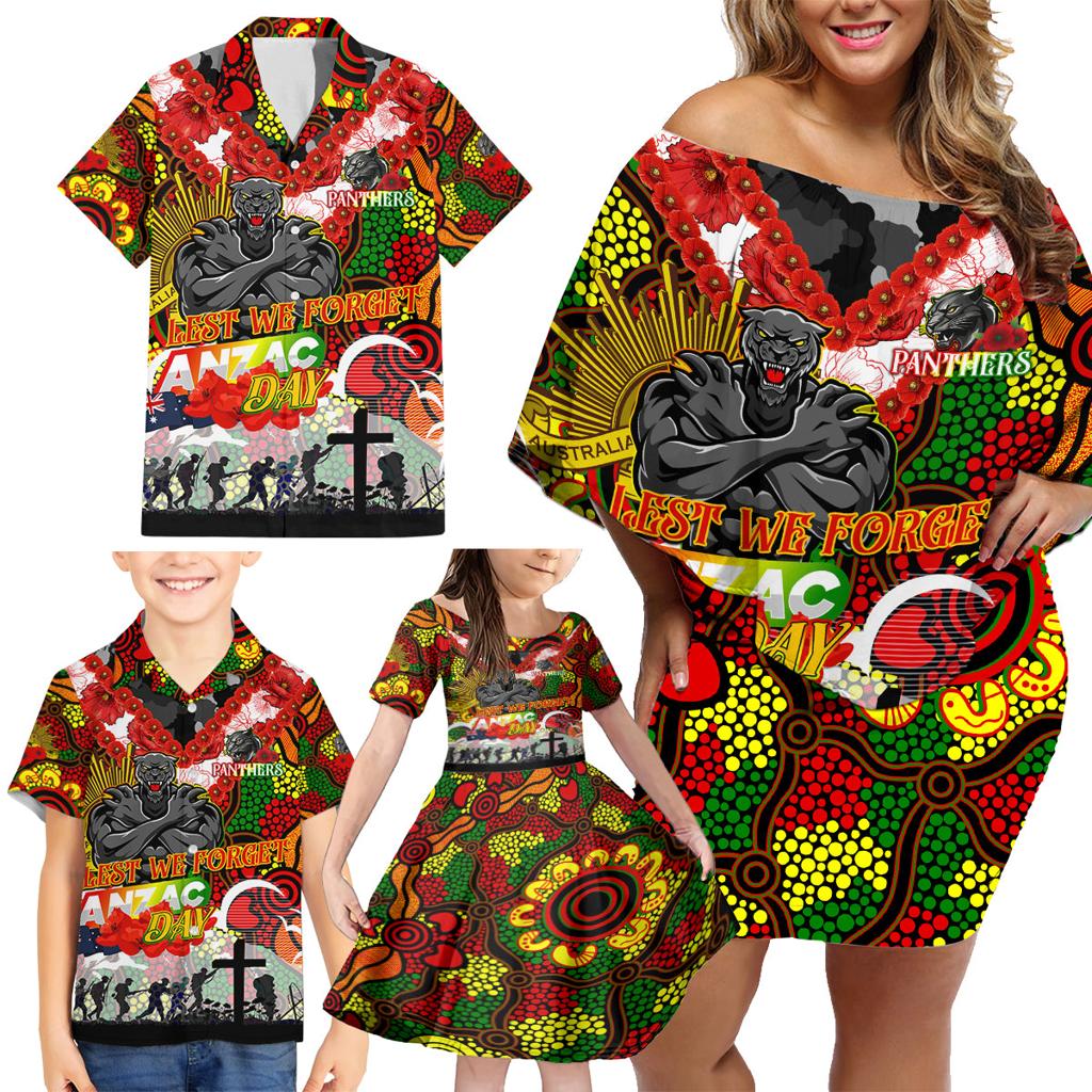 Personalised Panthers ANZAC Day Family Matching Off Shoulder Short Dress and Hawaiian Shirt Aboriginal Rising Sun