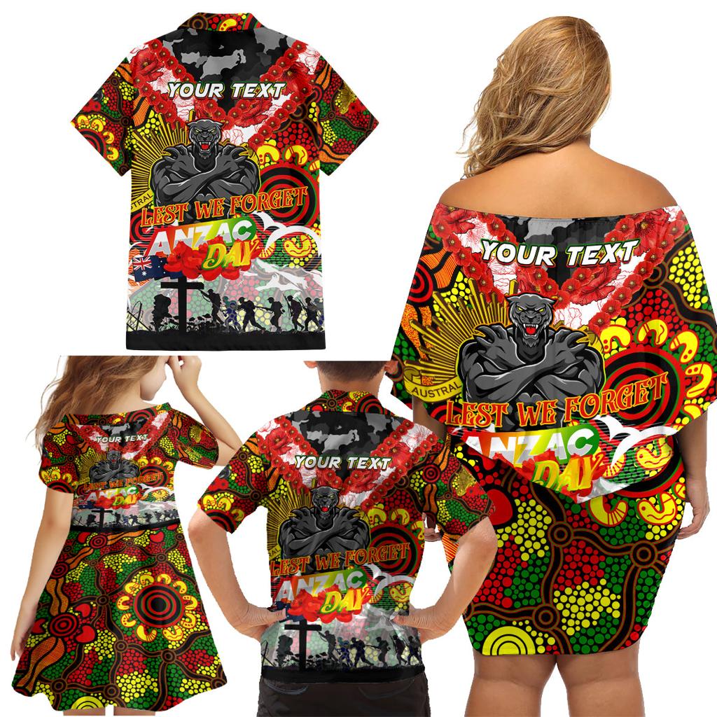 Personalised Panthers ANZAC Day Family Matching Off Shoulder Short Dress and Hawaiian Shirt Aboriginal Rising Sun