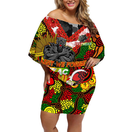 Personalised Panthers ANZAC Day Family Matching Off Shoulder Short Dress and Hawaiian Shirt Aboriginal Rising Sun