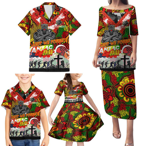 Personalised Panthers ANZAC Day Family Matching Puletasi and Hawaiian Shirt Aboriginal Rising Sun