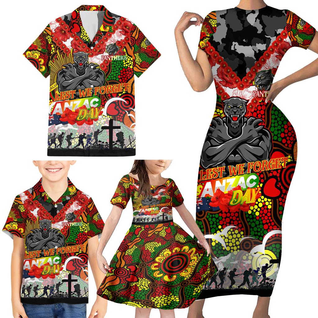 Personalised Panthers ANZAC Day Family Matching Short Sleeve Bodycon Dress and Hawaiian Shirt Aboriginal Rising Sun