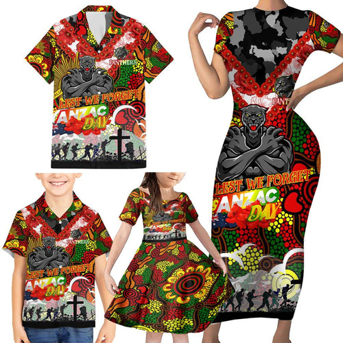 Personalised Panthers ANZAC Day Family Matching Short Sleeve Bodycon Dress and Hawaiian Shirt Aboriginal Rising Sun