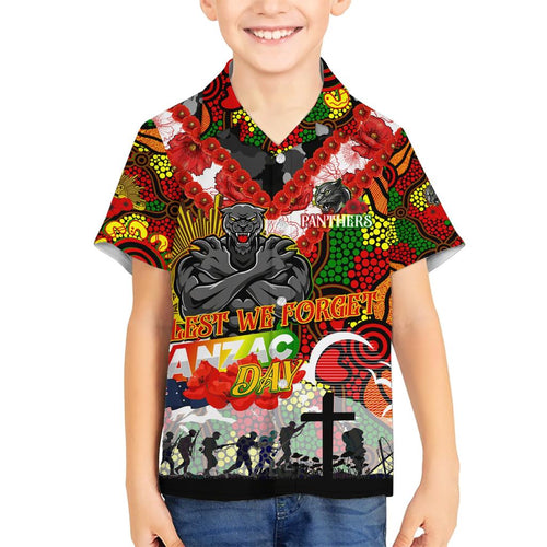 Personalised Panthers ANZAC Day Family Matching Short Sleeve Bodycon Dress and Hawaiian Shirt Aboriginal Rising Sun