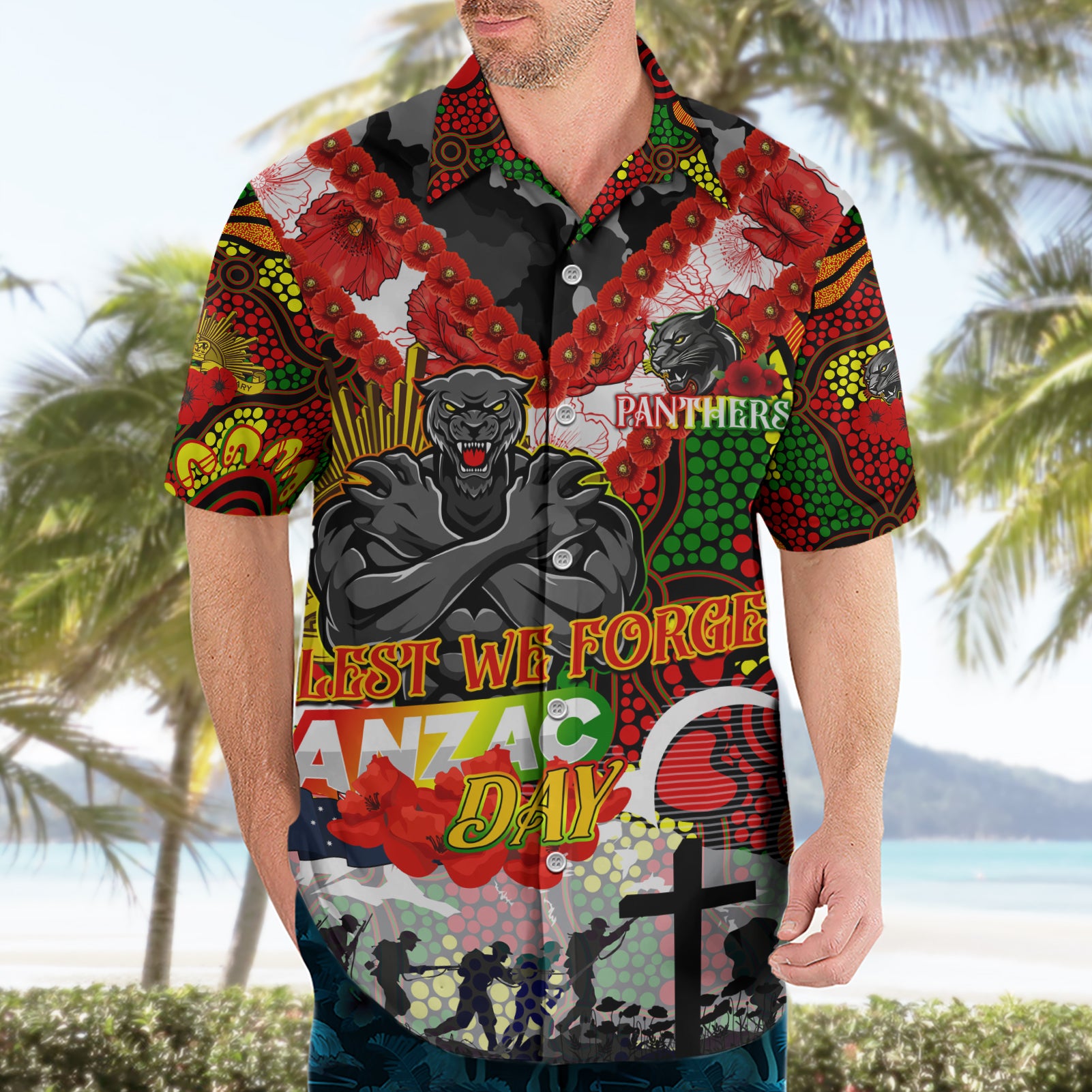 Personalised Panthers ANZAC Day Hawaiian Shirt Aboriginal Rising Sun
