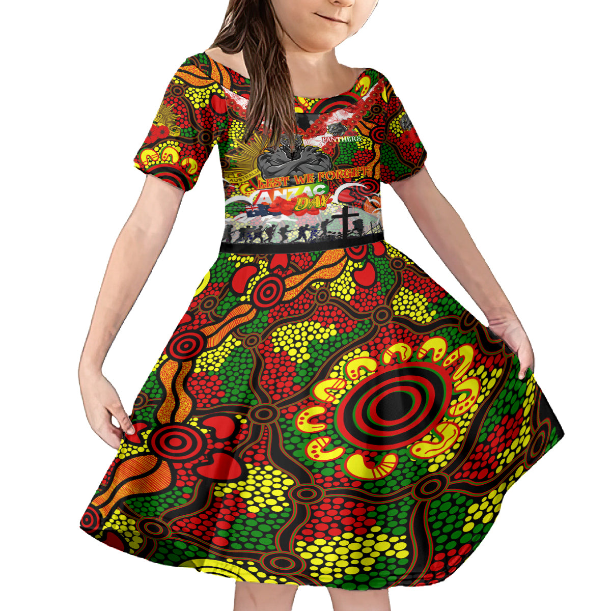 Personalised Panthers ANZAC Day Kid Short Sleeve Dress Aboriginal Rising Sun